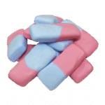 Pink and blue bubblegum-flavored candies piled together.