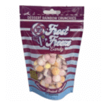 Colorful bag of freeze-dried candy labeled "Dessert Rainbow Crunch" by Frost Freeze.