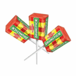 Three Drumstick lollies with red and yellow wrappers arranged in a fan shape.