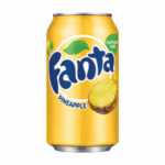 Yellow Fanta Pineapple can with logo and pineapple slice image.