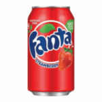 Fanta Strawberry soda can with red design and strawberry image.