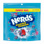 Nerds Gummy Clusters family-size candy bag with colorful design.