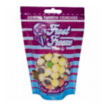 Candy bag with "Original Rainbow Crunch" and colorful freeze-dried sweets inside.