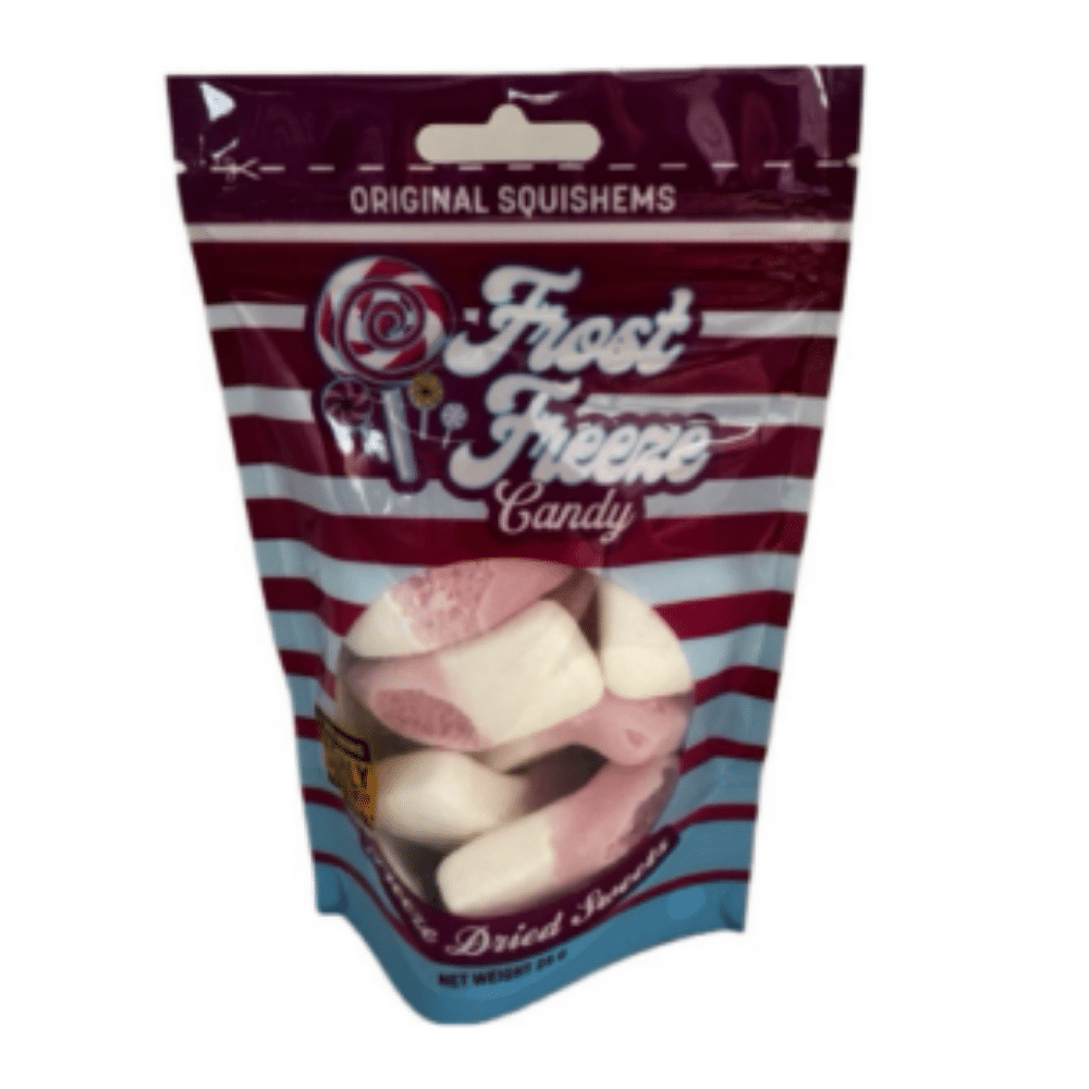 Bag of Frost Freeze candy, Original Squishies, with pink and white sweets.