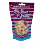 Colorful bag of "Frost Freeze Candy" Sour Rainbow Crunchies, featuring assorted freeze-dried sweets.