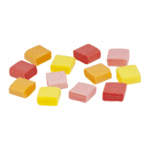 Assorted unwrapped colorful chewy candies on a white background.